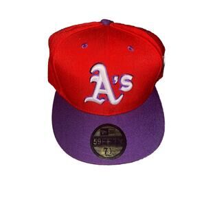 Oakland Athletics Fitted Hat Size 7 1/2 Red Purple New Era 59fifty Wool‎ Blend